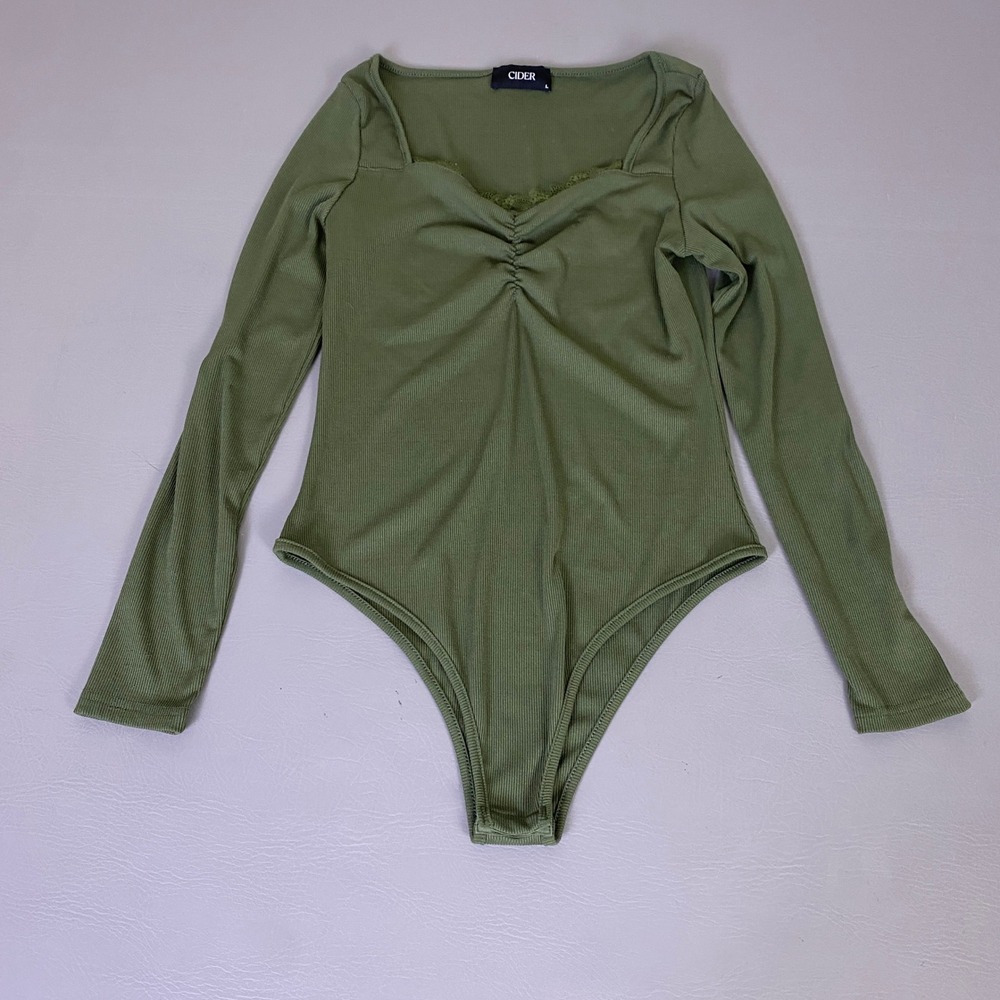 Cider Bodysuit Women's Large Olive Green Ribbed Long Sleeve‎ Ruched Lace Trim